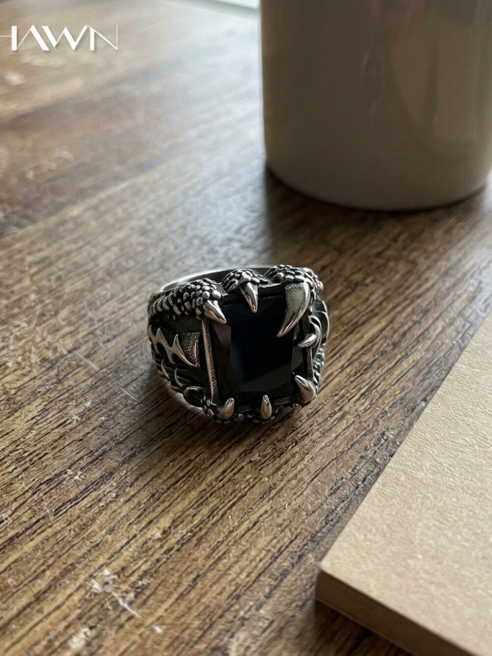 Mens Dragon Claw Black Stone Ring